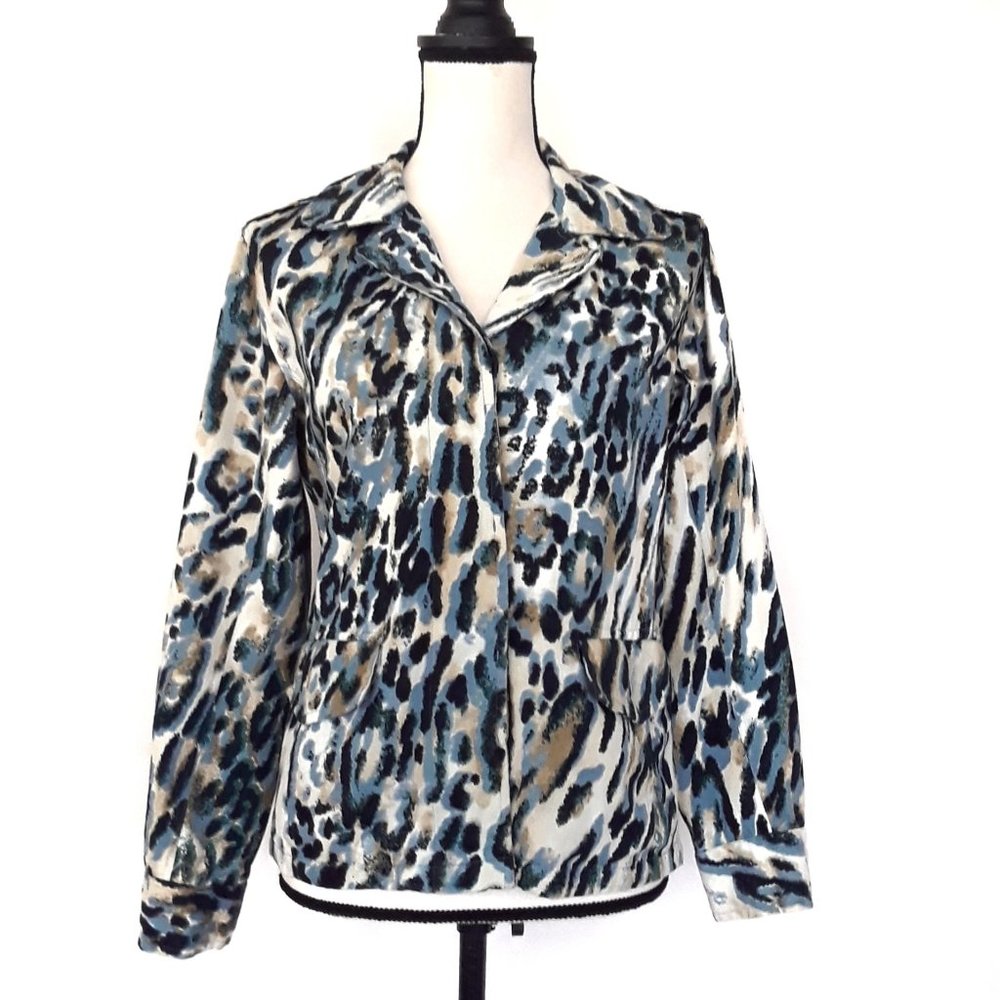 Life Style Blue Leopard Spot Print Button Down Cotton Jacket Size S